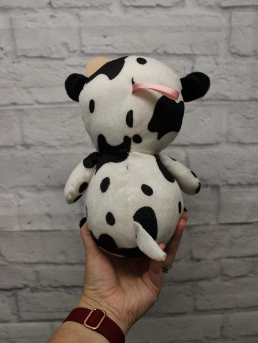 Small Black White Cow Felt Like Plush Toy Embroidered Face - Picture 3 of 8